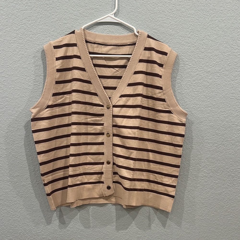 Striped Sleeveless Button Up Sweater Vests Tan Brown 4xl Plus Size